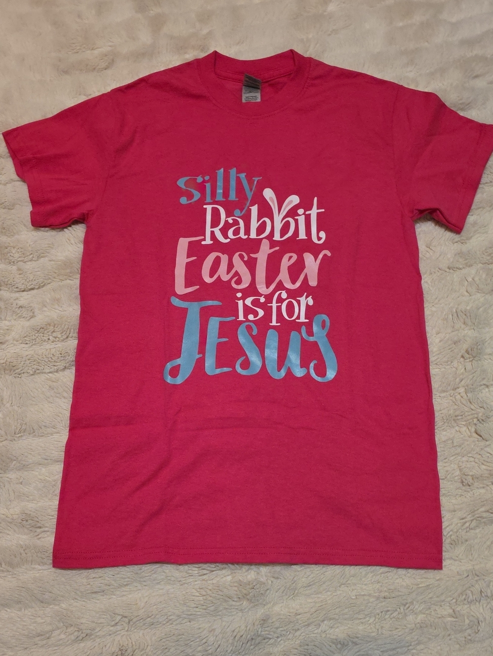 Gildan Hot Pink Kids Easter Graphic Tee with Blue & Light Pink Lettering